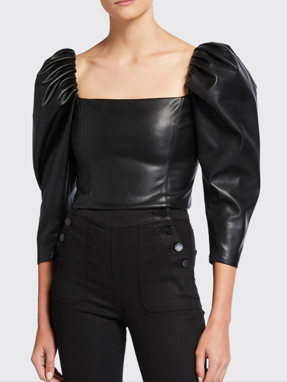Alice + Olivia $382 Francesca Black Faux Leather Puff-Sleeve Top Women's 10